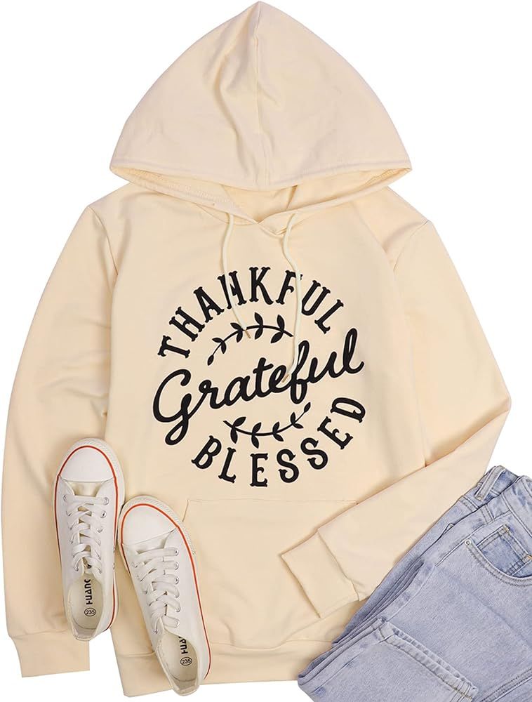 KIDDAD Thanksgiving Hoodies Sweatshirt Women Grateful Thankful Blessed Graphic Drawstring Pullove... | Amazon (US)