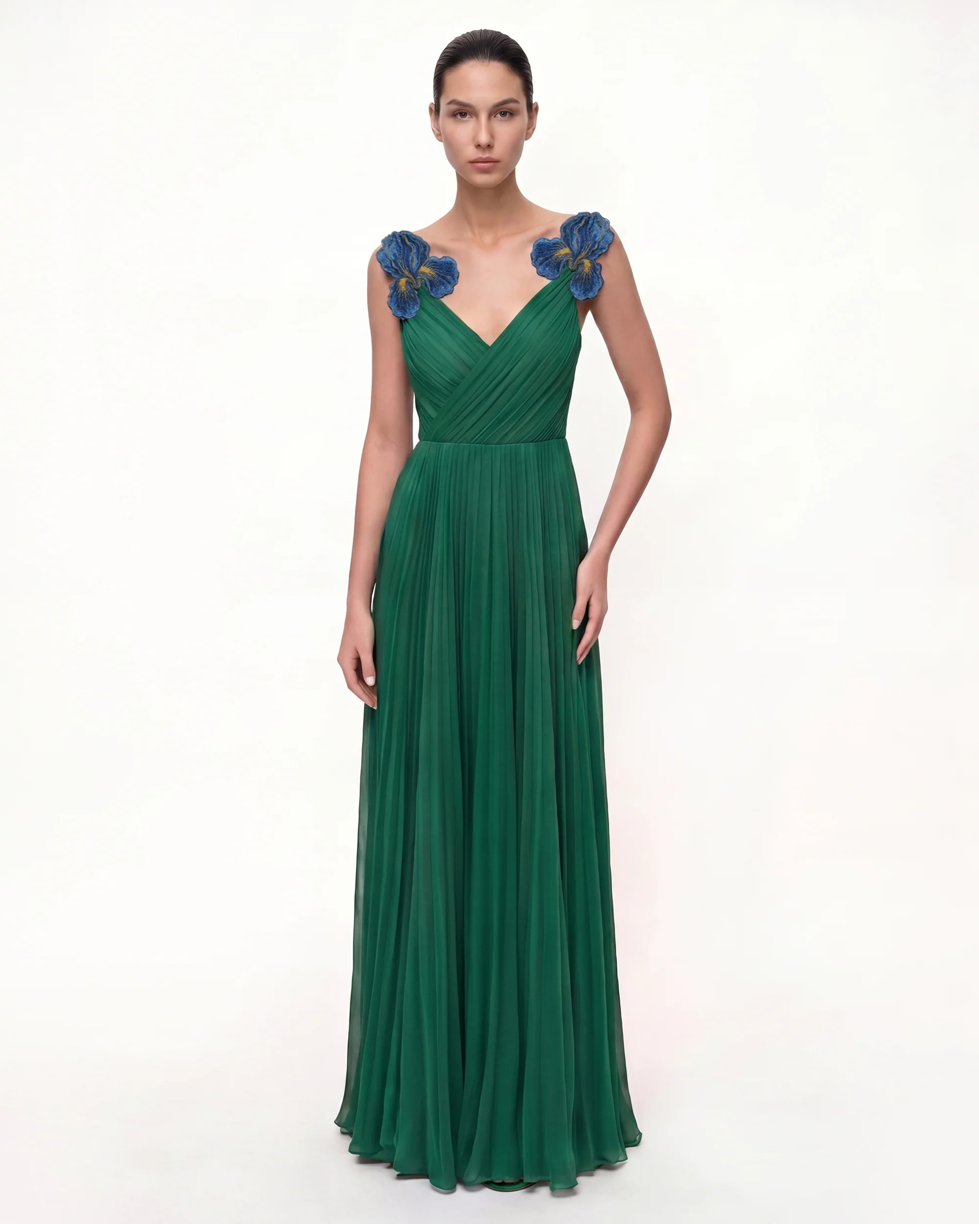 Iris Embroidered Pleated V-Neck Maxi Dress - Emerald Green | JW PEI US