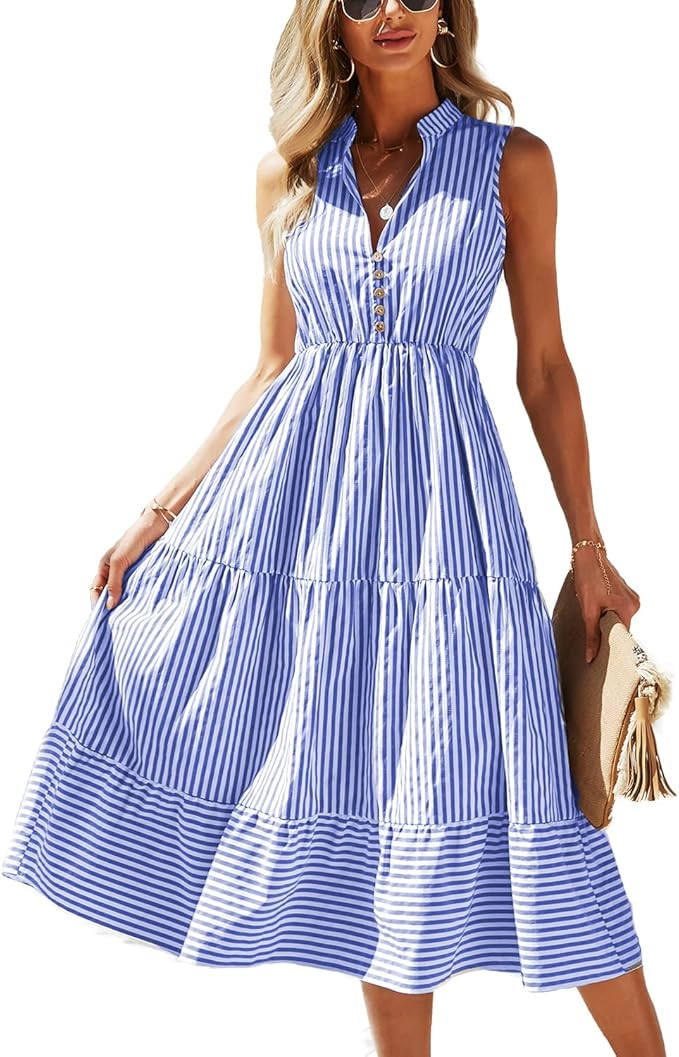 BROVAVE Womens 2025 Summer Sleeveless Shirt Dress Collar Striped V Neck Casual Midi Dresses | Amazon (US)