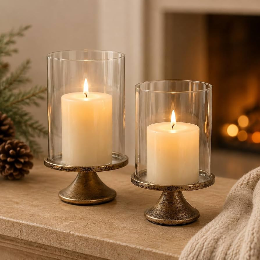 Hurricane Glass Candle Holder with Bronze Metal Base, 2-Pack | Amazon (US)