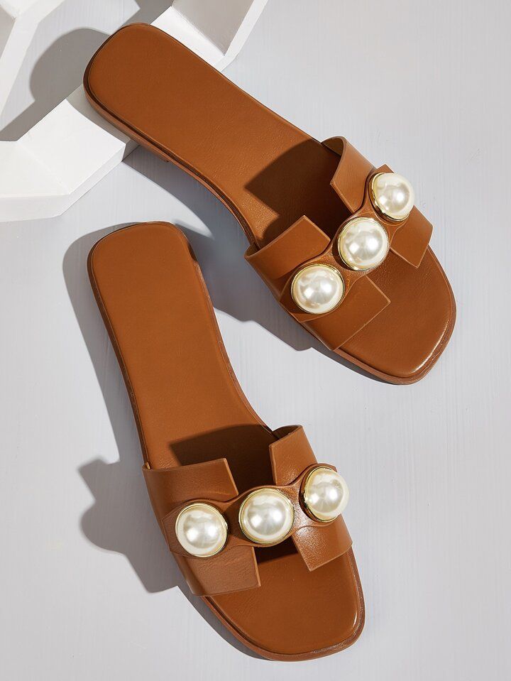 Fashion Brown Slide Sandals For Women, Faux Pearl Decor Cut Out Design Sandals | SHEIN