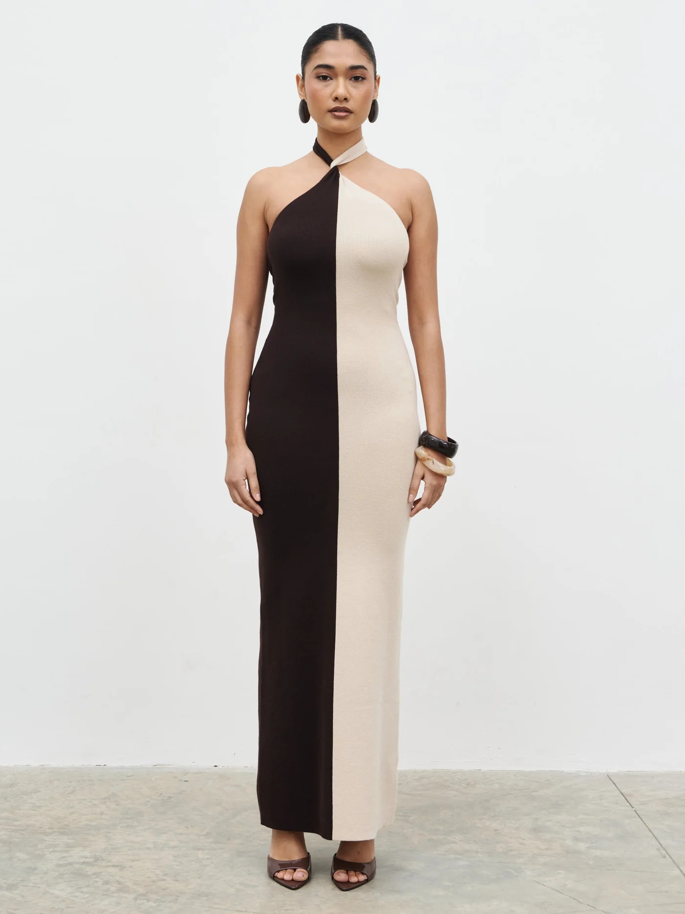 Berkley Contrast Knit Maxi Dress - Beige and Chocolate Brown | Pretty Lavish (UK)