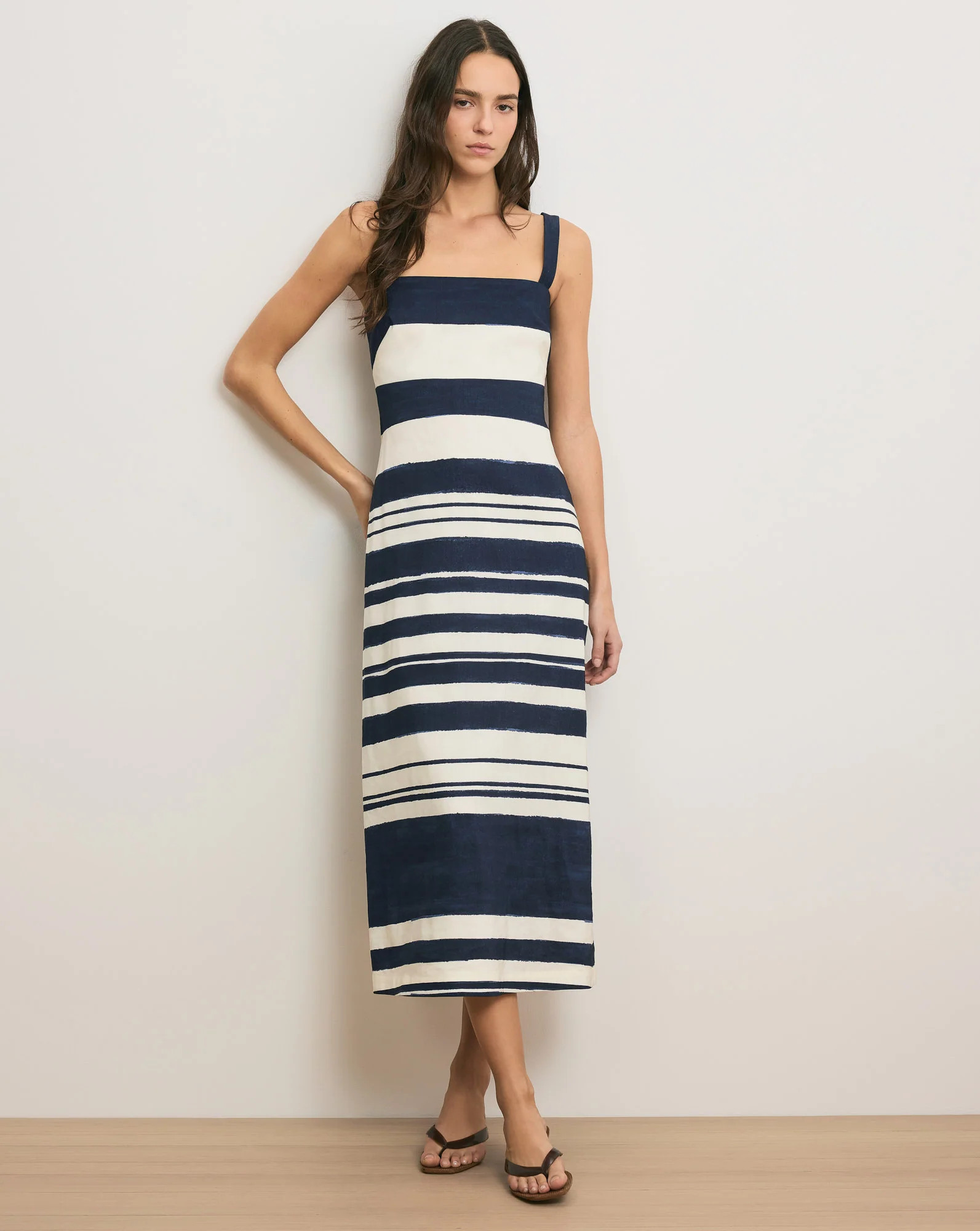 Veronica Beard Ella Striped Linen Midi Dress Navy Dove White | Veronica Beard