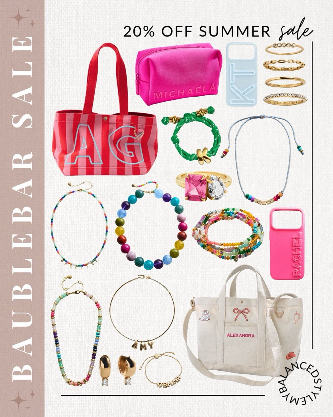 Baublebar 20% off sale

oversized sunglasses chic
woven straw tote bags
gold layered jewelry sets
beach hats wide brim
trendy hair clips claw
lightweight summer scarves
minimalist anklets and rings
colorful statement earrings
vacation ready accessories

#LTKootd #LTKSeasonal #LTKSaleAlert