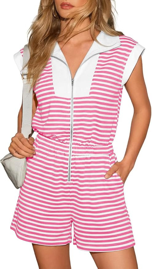 Cicy Bell Womens Summer Striped Rompers Zip Up Cap Sleeve Short Jumpsuits Color Block Casual One ... | Amazon (US)
