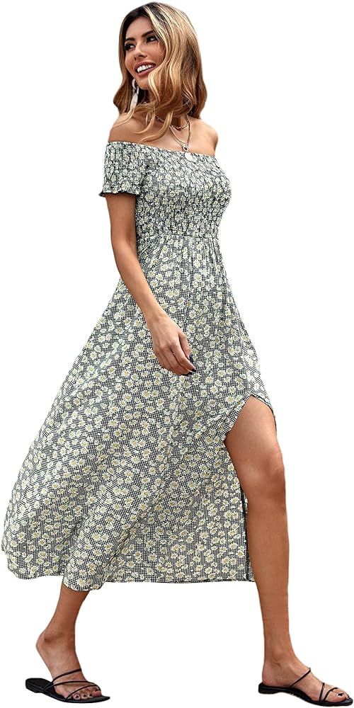 Amazon.com: Floerns Women's Boho Floral Print Off Shoulder Split Long A Line Dress Blue and White... | Amazon (US)