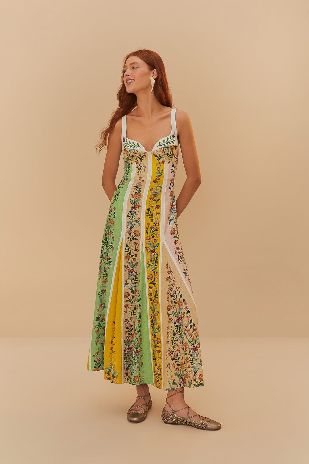 Multicolor Delicate Floral Stripes LENZING™ ECOVERO™ Euroflax™ Maxi Dr | FarmRio (US)