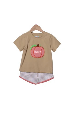 Applique Pumpkin Khaki Windowpane Short Set | The Smocked Flamingo