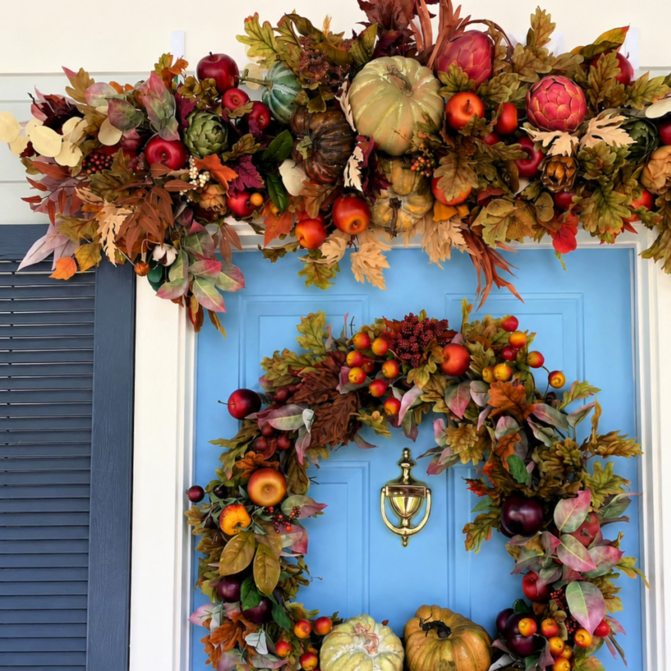 Fall abundance at its prettiest! 🍂 This lush autumn wreath is filled with richly colored leaves, berries, fruit, and rustic pumpkins for a warm, welcoming front door. I’ve linked everything you need to recreate this luxurious harvest look—or simply use it as inspiration for your own fall wreath! 

 #LTKSeasonal #LTKHome