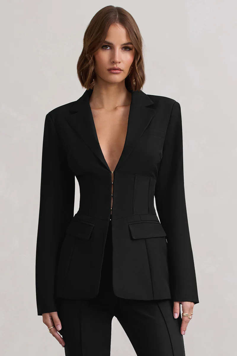 Unbeaten | Black Plunge Corset Waist Blazer | Club L London