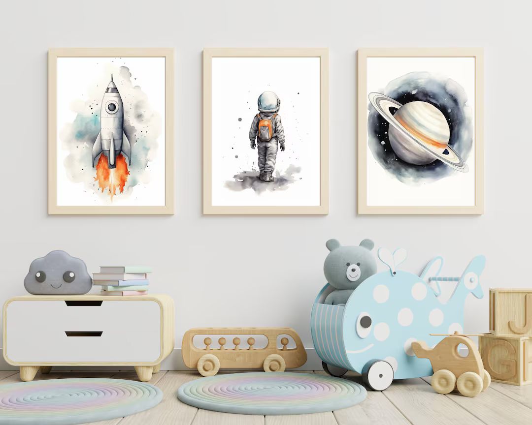 Nursery Decor Space Boy, Nursery Wall Art Space, Watercolor Space Nursery Prints, Astronaut Print... | Etsy (US)