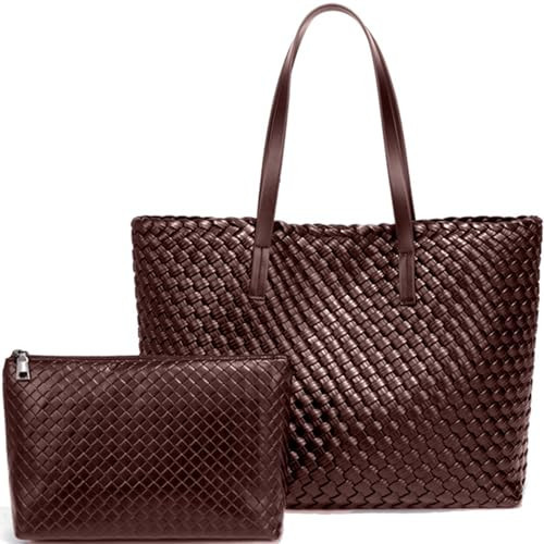 Large Capacity Shoulder Handbag Women Woven Leather Tote Bag with Matching Pouch Tote Bag Travel Lightweight Coffee | Amazon (US)