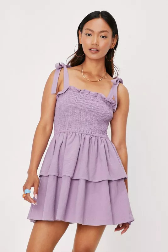 Petite Shirred Tie Shoulder Mini Dress | Nasty Gal (US)