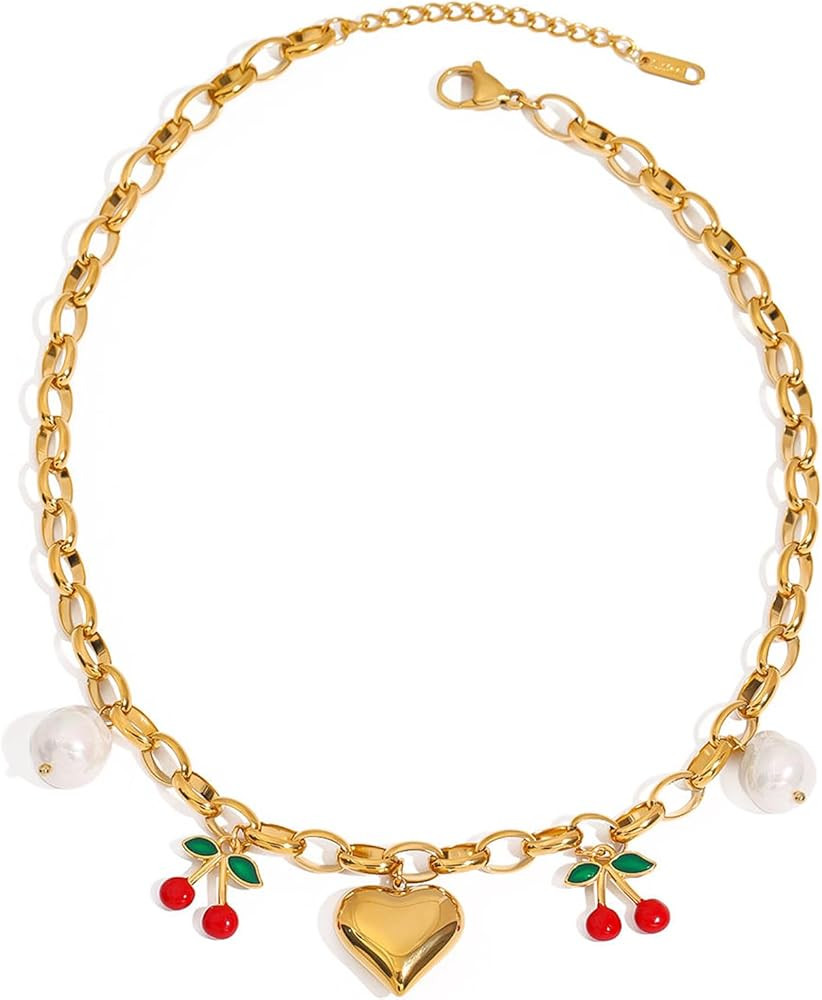 MUYAN Gold Plated Chunky Chain Necklace Shell Fish Heart Cherry Summer Holiday Jewelry | Amazon (US)