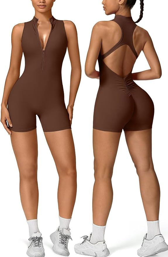Vertvie Workout Jumpsuits for Women Zip Up Tummy Control Sleeveless One Piece Rompers Shorts V Ba... | Amazon (US)