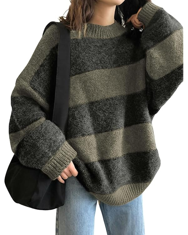 EMMIOL Women's Oversized Striped Sweaters 2025 Fall Trendy Long Sleeve Knit Outfits Crewneck Fash... | Amazon (US)