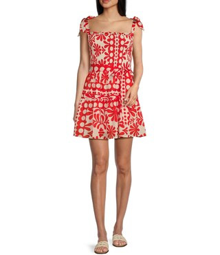 Printed Square Neck Tie Strap Smocked Bodice Tiered Dress | Dillard's