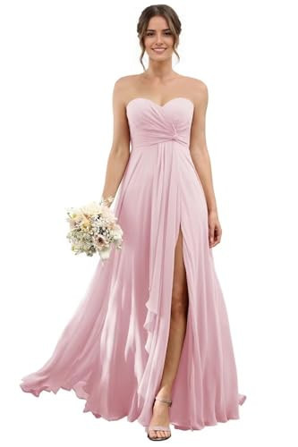 Chiffon High Split Bridesmaid Dresses Long A-line Ruched Strapless Formal Dress Evening Gowns with Pockets for Wedding Pink | Amazon (US)