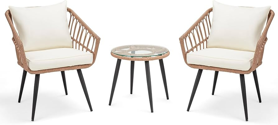 ECOTOUGE 3 Pieces Wicker Patio Bistro Set, Patio Rattan Dining Set with Glass Top Table and Cushi... | Amazon (US)