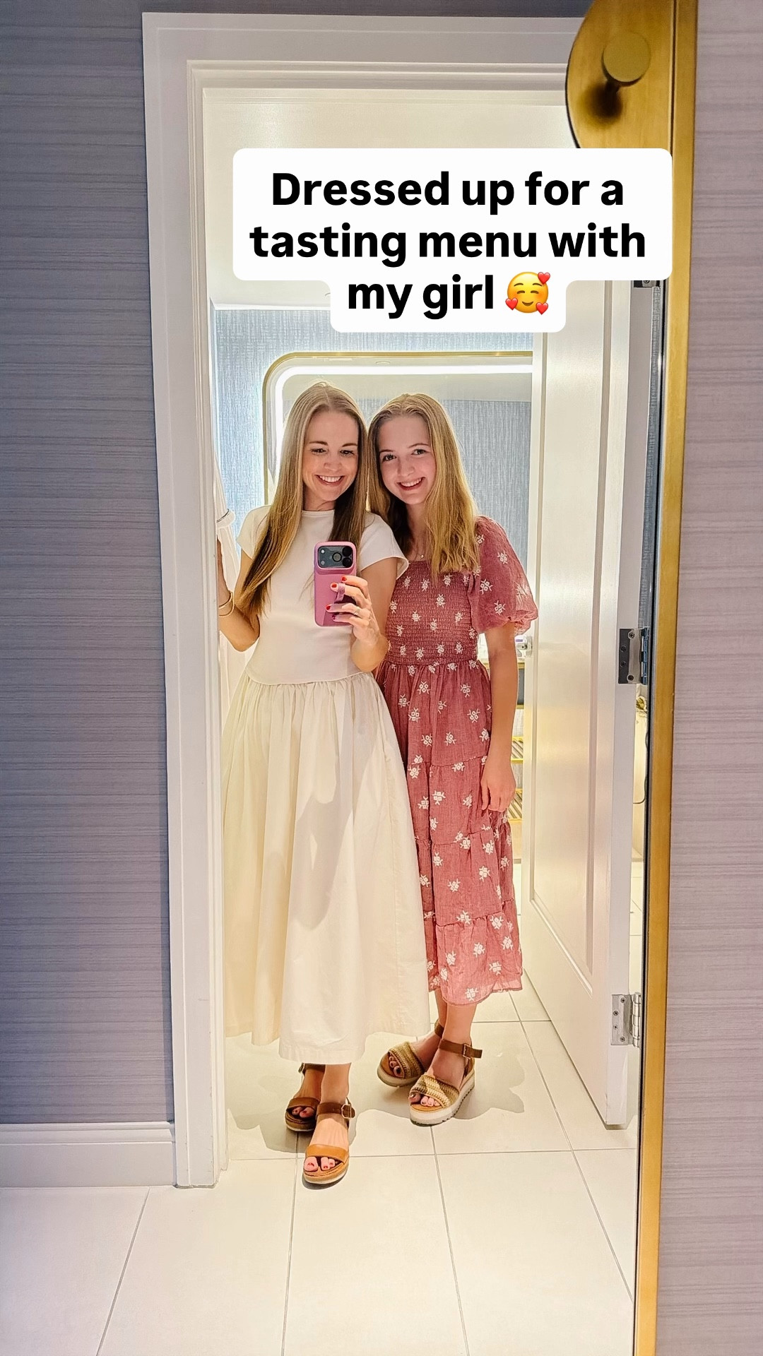 So fun to dress up with my girl for a nice dinner together in Las Vegas 

Both of our dresses linked here (we’re both wearing XS) 

My sandals are so old but a super similar pair linked below and these are the sandals my daughter loves this year for dressing up and down and tons of walking 