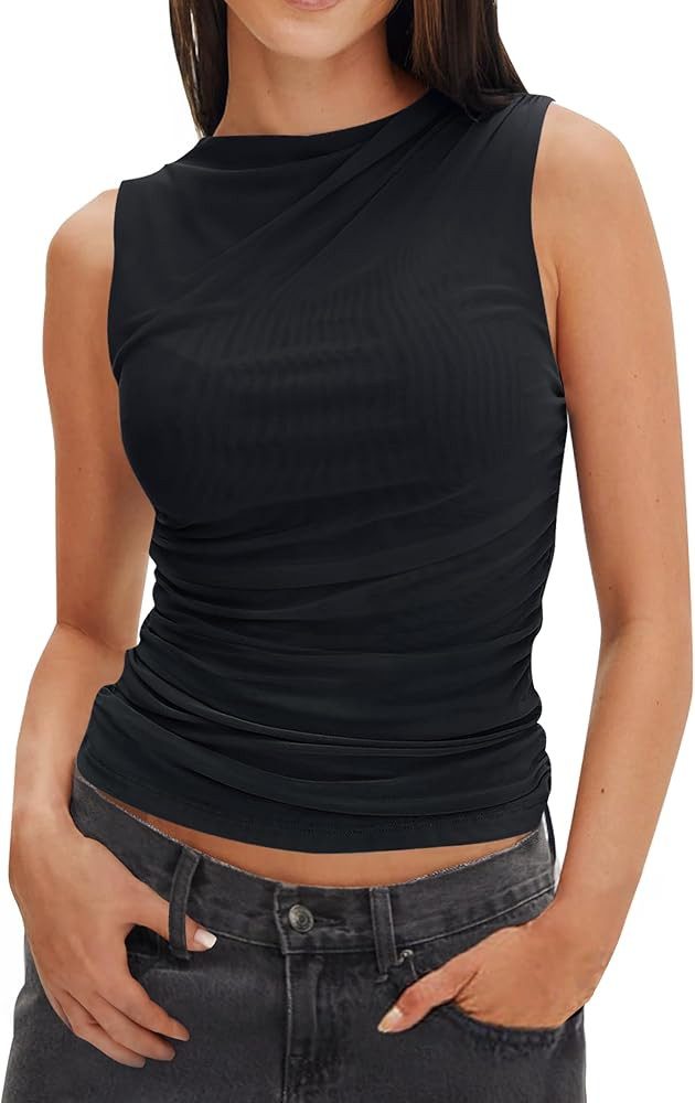 ZESICA Womens Mesh Tank Top 2024 Summer Sleeveless High Neck Ruched Slim Fitted Casual Tee Shirts | Amazon (US)