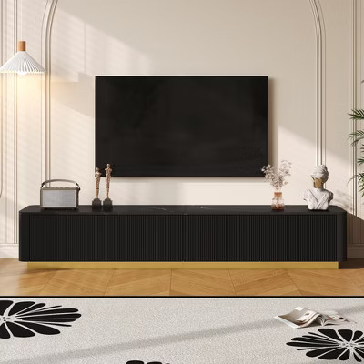 Fluted TV Stand for 85 inch TV with Gold Base, Modern Media Console with 4 Drawers, Entertainment Center with Curved Profile Design, Black | Target