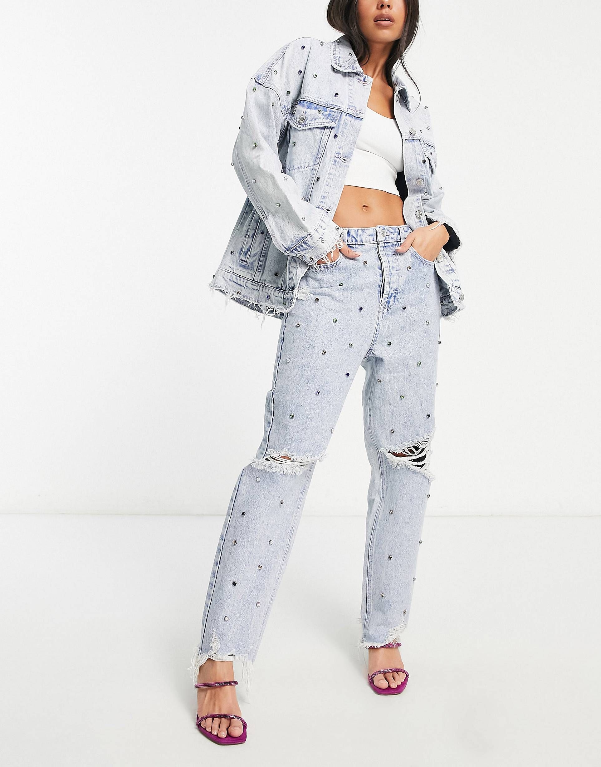 Signature 8 ripped embellished mom jeans in light wash - part of a set | ASOS (Global)