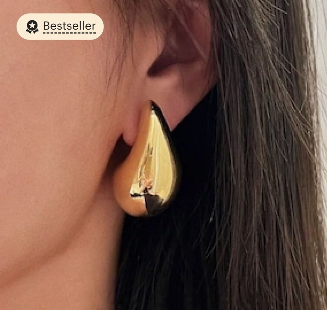 Kylie Earrings, Chunky Vintage Gold Filled Dome Drop Earrings, Gold Teardrop Huggie Hoop Earrings... | Etsy (US)