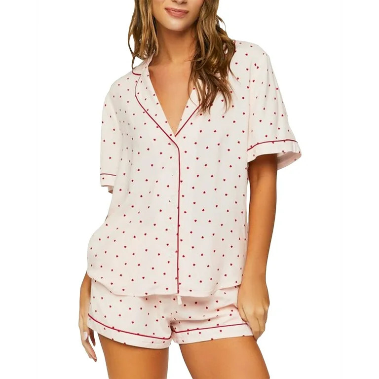 Musuos Women Summer Pajamas Set Heart Print Short Sleeve Shirts and Shorts 2 Pieces Loungewear Su... | Walmart (US)