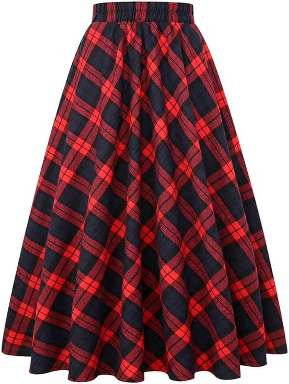 IDEALSANXUN Women’s Plaid Skirt Elastic Waist A-line Midi Pleated Skirts | Amazon (US)