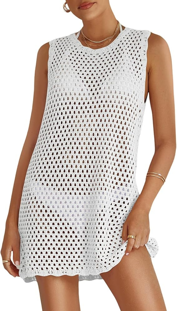 Swimsuit Coverup for Women 2025 Summer Sleeveless Bathing Suit Dress Crochet Beach Outfits Knit S... | Amazon (US)