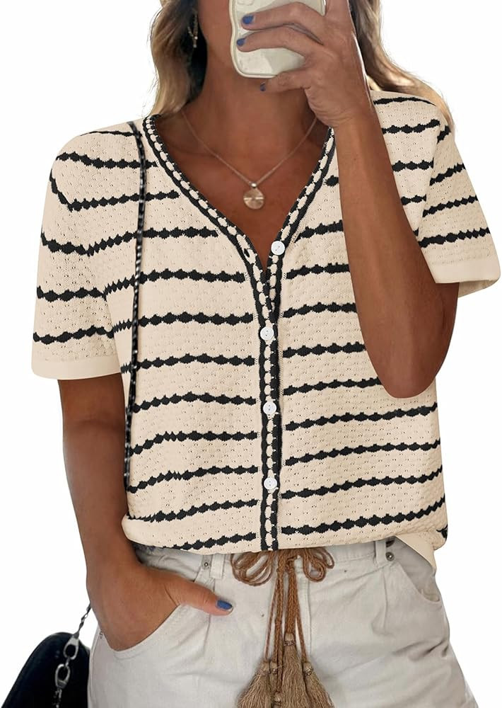 NALANISA Women's Short Sleeve Sweater Spring Summer Crochet Knit Tops 2025 V Neck Striped Button ... | Amazon (US)
