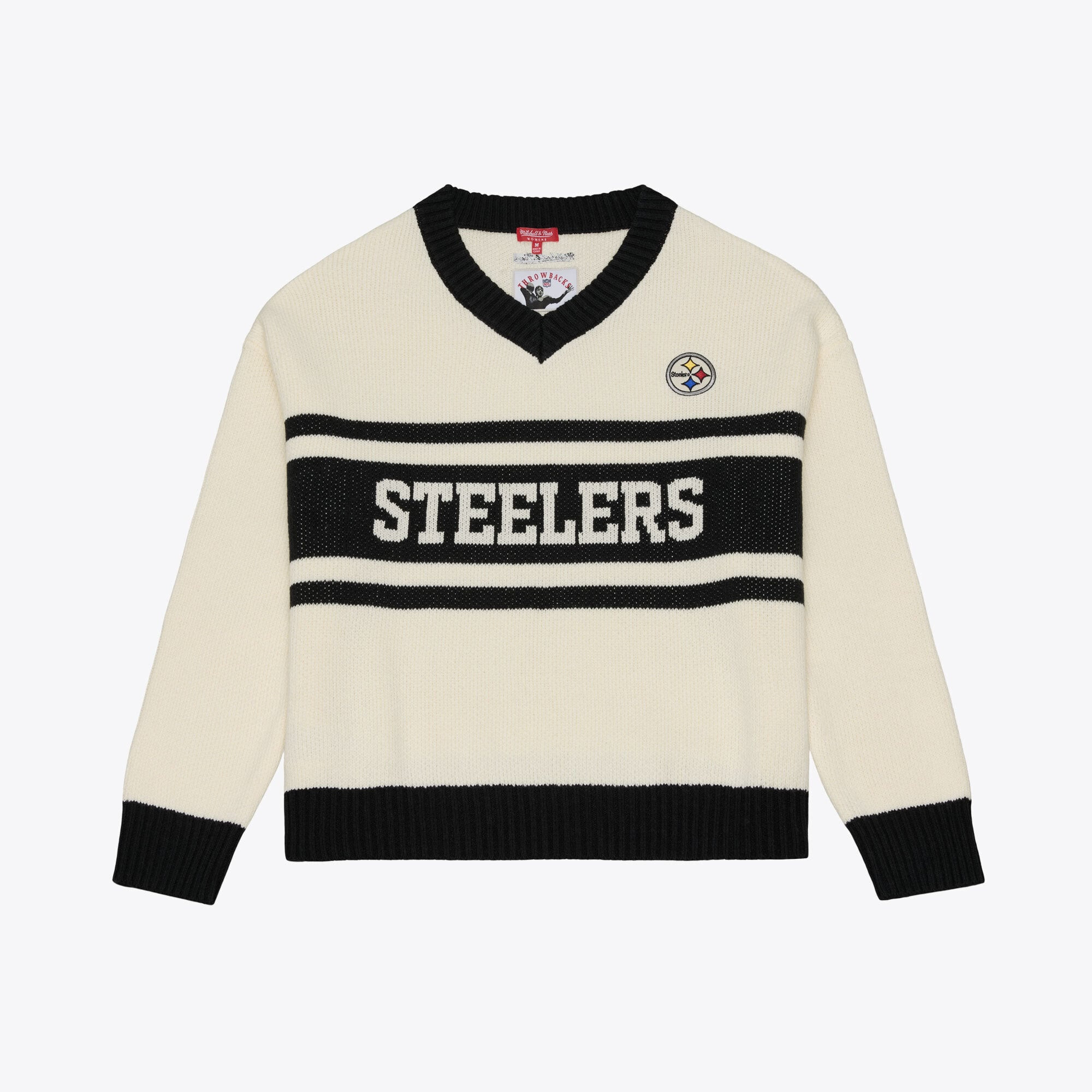 Women's Pittsburgh Steelers Mitchell & Ness Cream/Black Retro Roots V-Neck Sweater | NFL Shop