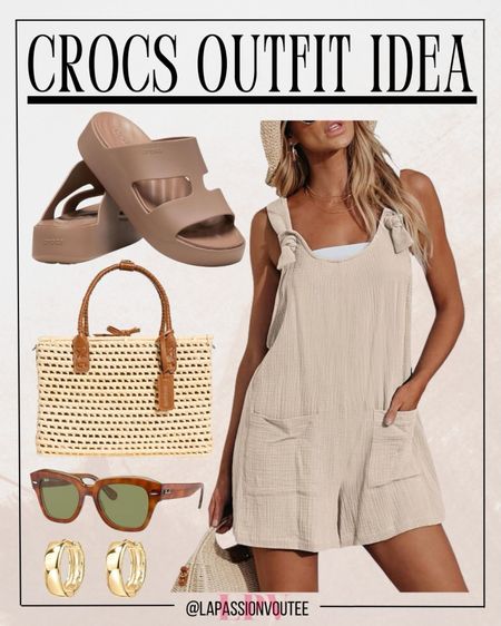 Elevate your summer style with a sleeveless overall romper paired with hoop earrings and chic sunglasses. Complete the look with a trendy handbag and comfortable Crocs H-strap wedge sandals for effortless fashion all day long.

#LTKSeasonal #LTKFindsUnder100 #LTKStyleTip