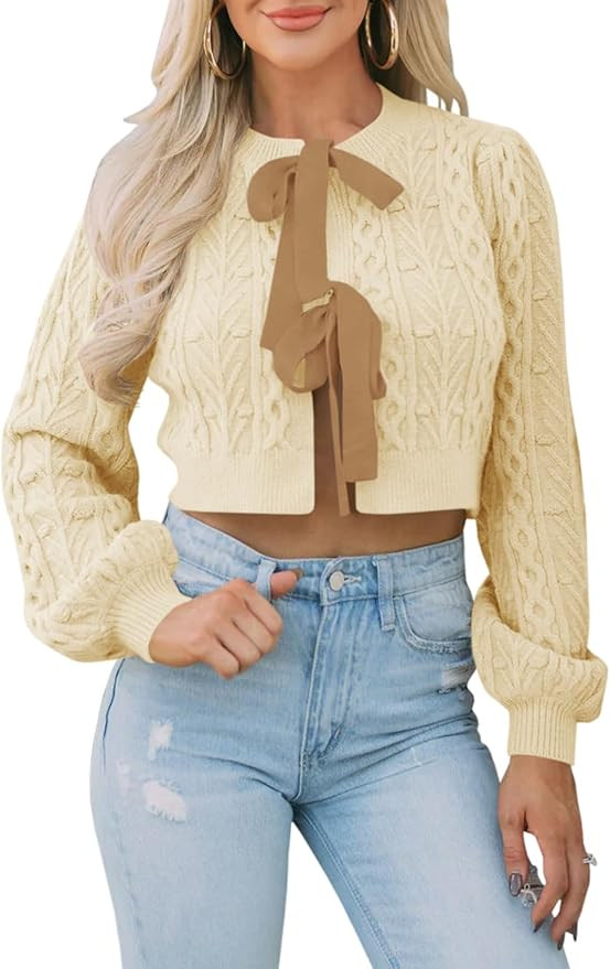 Saodimallsu Womens Cropped Cable Knit Cardigan Sweaters Long Sleeve Bow Tie Front Crew Neck Chunk... | Amazon (US)