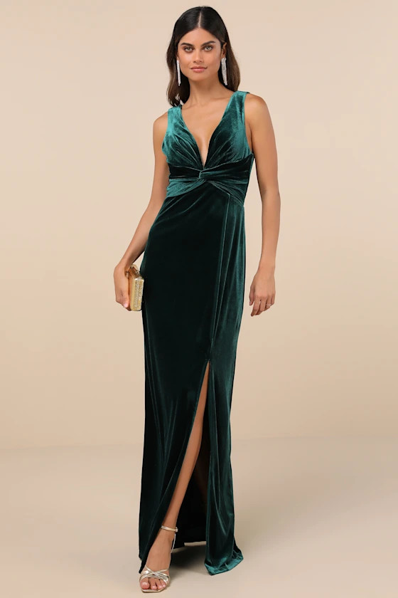 Enhanced Aura Emerald Green Velvet Dress Winter Wedding Guest Dress Winter Dress Outfit Formal Gown | Lulus