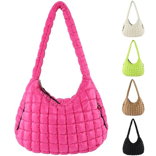 ZIXKUB Puffer Tote Bag for Women Large Quilted Tote Bag Soft Puffy Crossbody Bag with Zipper Lightweight Nylon Hobo Handbags Quilted Carryall Puff Shoulder Bag Gym Tote Bag, Rose Red | Amazon (US)