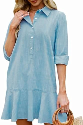 YEXPINE Women‘s Tunic Shirt Mini Dress Long Sleeve Cotton Short Dress Button Up Ruffle Hem Shif... | Amazon (US)