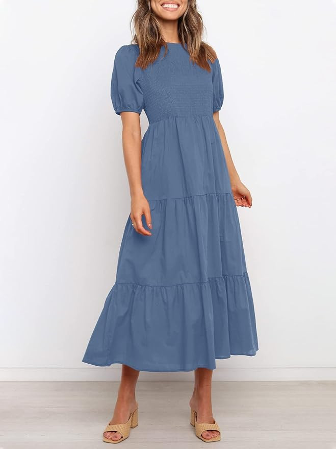 ZESICA Women's Casual Summer Crew Neck Short Puff Sleeve Smocked High Waist Ruffle Tiered A Line ... | Amazon (US)