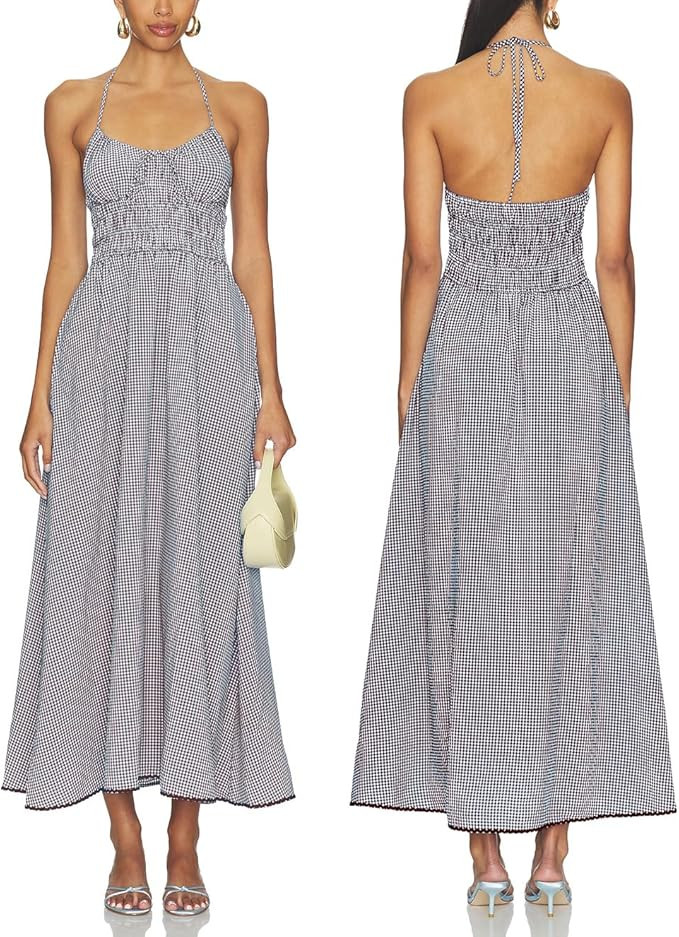 ALENDA DANMOS Women Backless Halter Plaid Maxi Dress Smocked Waist Flowy Swing Vacation Boho Beac... | Amazon (US)
