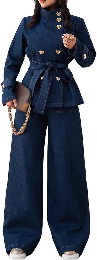 Molilove Women's 2 Piece Outfits Denim Jacket Straight Leg Jeans Set Tracksuit Pants Outfits Two ... | Amazon (US)