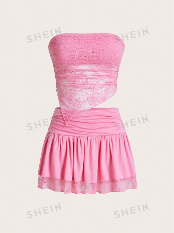 SHEIN Sweetina Lace Asymmetric Hem Strapless Top & Patchwork Skirt Set | SHEIN USA | SHEIN