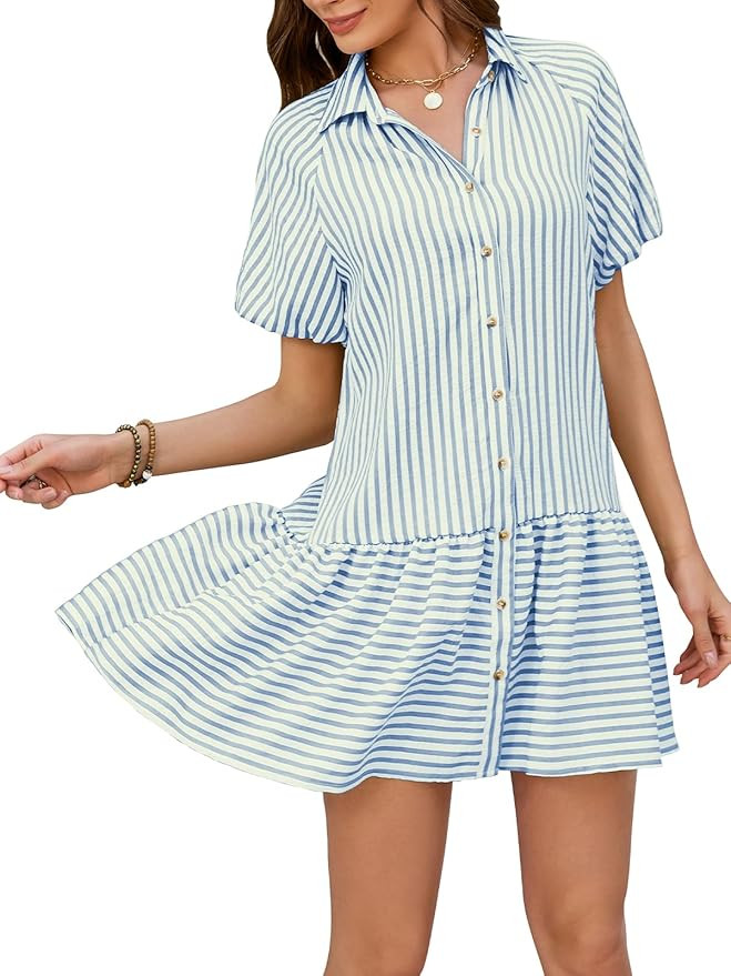 Womens Summer Striped Shirt Dress Short Puff Sleeve Button Down Ruffle Flowy Dress Loose Fit Casu... | Amazon (US)