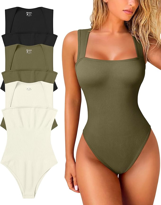 OQQ Women's 3 Piece Bodysuits Sexy Ribbed Strappy Square Neck Sleeveless Tummy Control Tank Tops ... | Amazon (US)