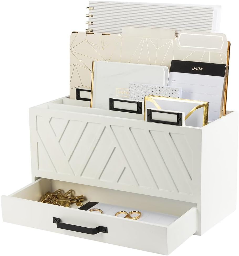 BLU MONACO White Desktop Mail Organizer with Drawer | Three-Tier Wooden Mail Holder with Gold Lab... | Amazon (US)