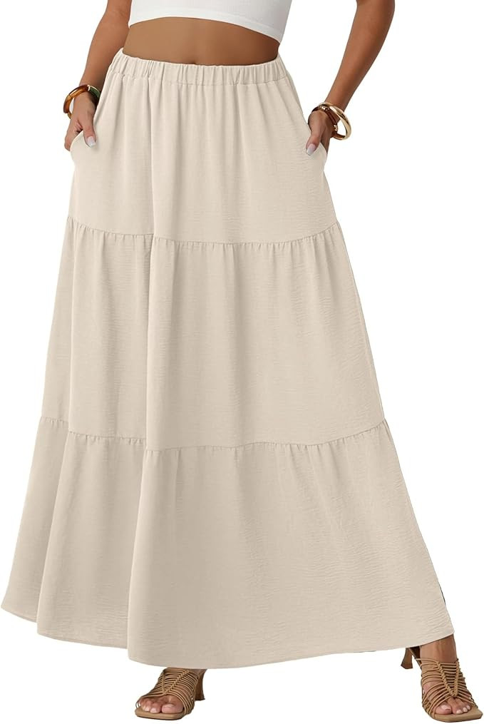 Womens Boho Casual Maxi Skirts Flowy Elastic High Waisted A-Line Long Skirts with Pockets Beach V... | Amazon (US)
