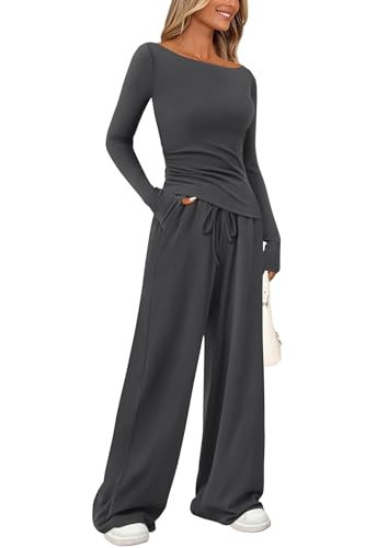 PRETTYGARDEN Women's 2 Piece Lounge Sets Asymmetrical Long Sleeve T Shirt Wide Leg Pants Casual Outfits Tracksuit (Dark Grey,Large) | Amazon (US)