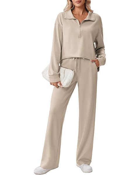 PINSPARK 2 Piece Sets for Women 2025 Fall Travel Outfits Long Sleeve Tracksuit Joggers Sets Half ... | Amazon (US)