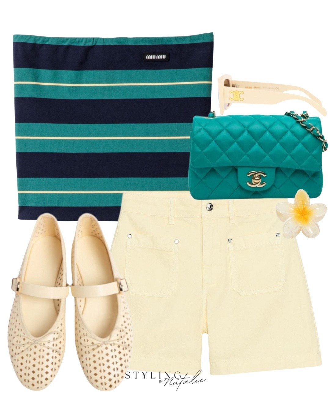 Miu Miu striped bandeau top, yellow denim shorts, ballet flats, Chanel turquoise quilted flap bag, flower hair clip & celine sunglasses. Summer outfit, vacation look, holiday outfit, Mary Jane’s, casual chic, everyday look , heatwave outfit.

#LTKeurope #LTKstyletip #LTKsummer