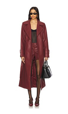 SNDYS x REVOLVE Tyra Faux Leather Trenchcoat in Burgundy from Revolve.com | Revolve Clothing (Global)